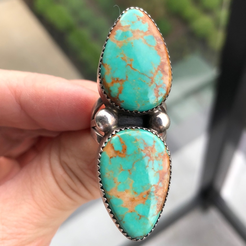 Sterling & Turquoise Double Stone Ring Size 6.5/7